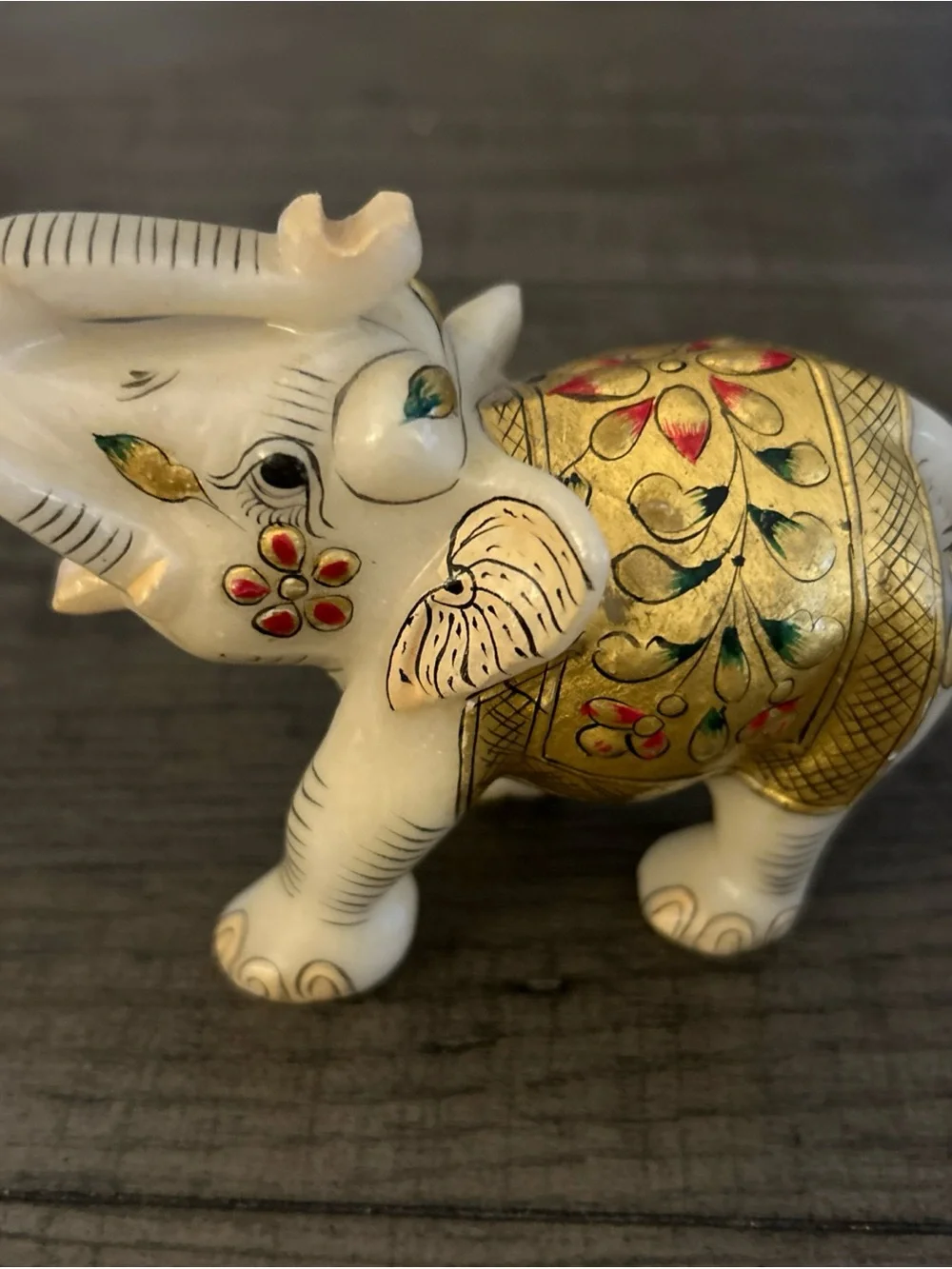 Hand-painted and Gilt Marble Elephant Figurine From India. 3” Tall